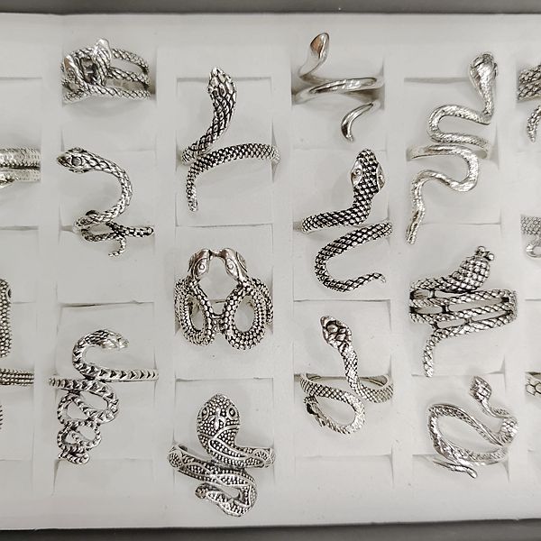 50pcs/lot Antique Silver Styles Mix Snake Ring Male Female Opening Adjustable Rings Exaggerated Metal Alloy Jewelry