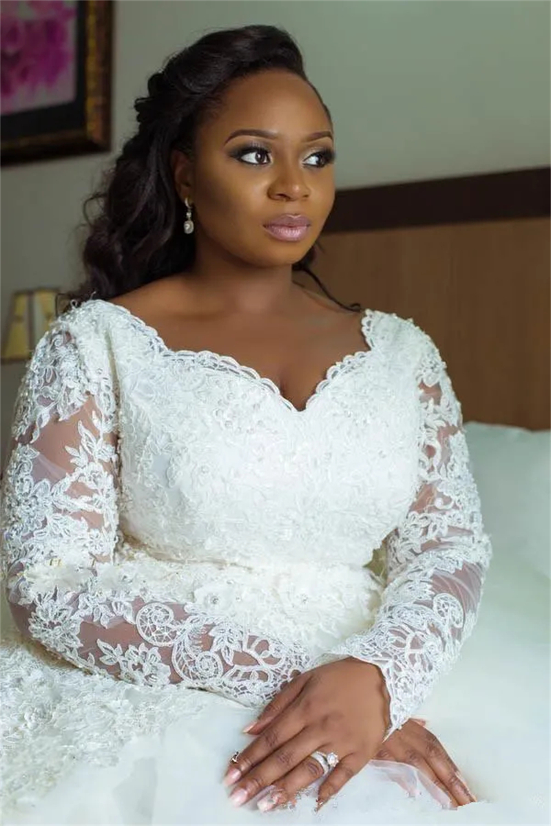 Long Sleeves Ivory Tulle Wedding Dresses Lace Appliques African Plus Size Bridal Gowns Chapel Vestido De Novia 2023