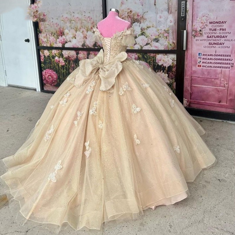 Champagne Shiny Sexy V-Neck Princess Prom Dress Quinceanera Dresses Bow Applique Lace Beading Sweet 16 Birthday Party Dresse Vestidos De 15 Anos