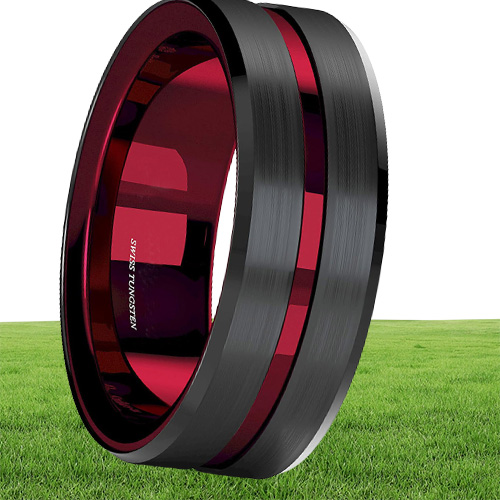 8Mm Splicing Black Brushed Tungsten Carbide Ring with Comfort Fit Red Inner Ring Wedding Band Ring Men Jewelry Delicate Style Gift