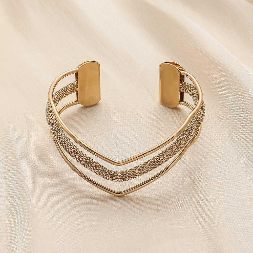 Wolf Tide V-shaped 3 Layers Hollow Bangle Bracelet For Women Open Cuff Adjustable Fashion Personality Exit Trend High Grade Gold Color Metal Mesh Chai