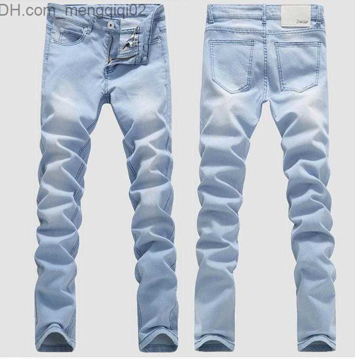 Men's Jeans HOT 2016 Outdoor Cowboy Bleaching Washed Feet Casual Boom Elastic Male Pencil Pants Denim Boys Hip Hop Light Blue Biker Jeans Z230711
