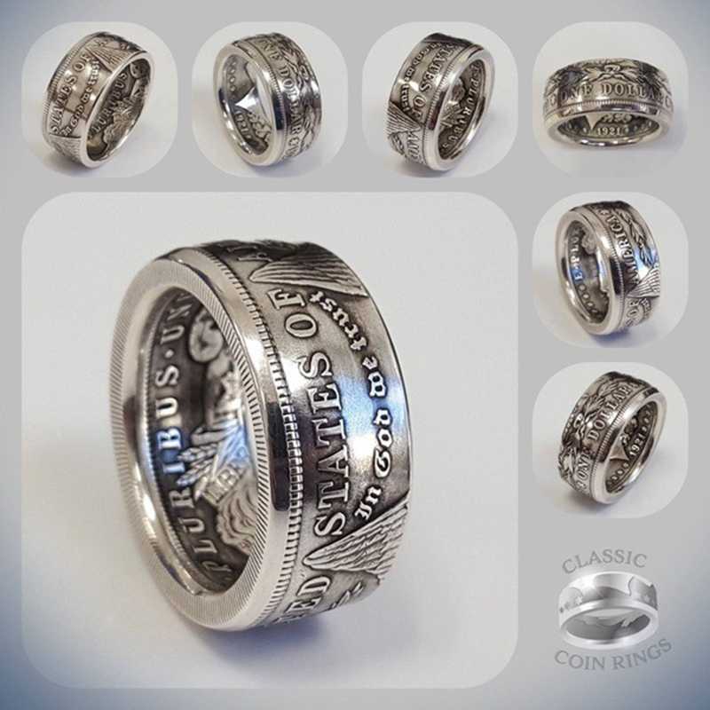 Morgan Silver Dollar Coin Ring 'Heads' Silver Plated Handmade Women Men Vintage Punk Personality Coin Rings Fashion Jewelry L230620