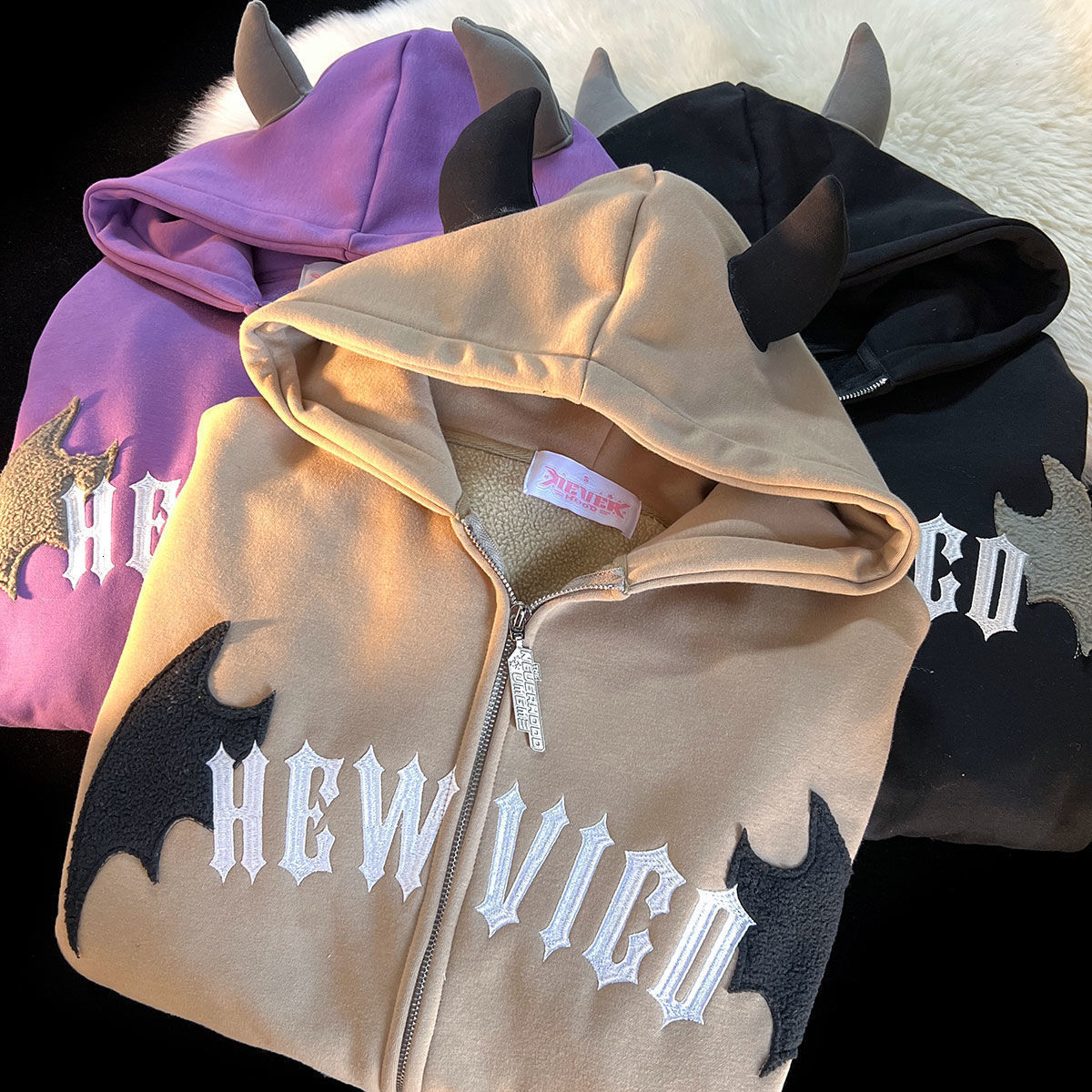 Womens Hoodies Sweatshirts Y2K Devil Embroidered Hoodie Women Casual Retro Loose Long Sleeve Hooded Sweatshirts Couple Autumn Winter Gothic Zip Up Hoo