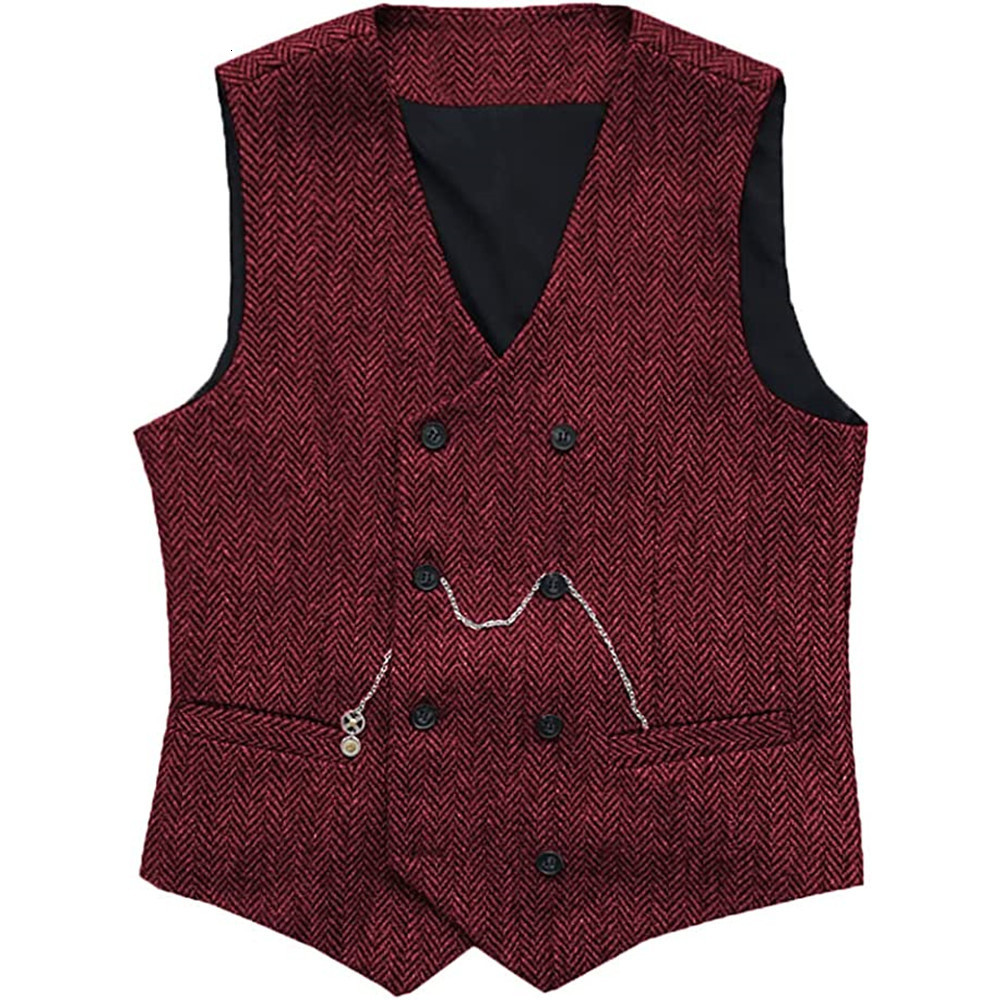 Men's Vests V Neck Suit Herringbone Wool Tweed Double Breasted Waistcoat Tuxedo Groomsmen For Wedding 230705