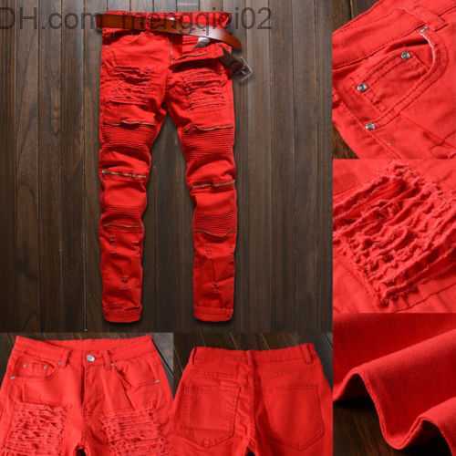 Men's Jeans Trendy Mens Destroyed Ripped Jeans Black White Red Fashion College Boys Skinny Runway Straight Zipper Denim Pants Jean Z230711