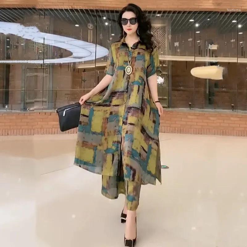Women's Two Piece Pants 5XL Summer Sets Large Silk Wide Leg Trouser Set Spring 2023 Print Fashion Slim Female Elegant
