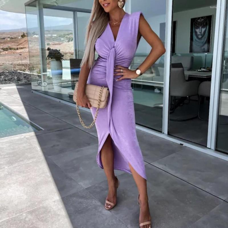 Casual Dresses Hem Gown Dress Streetwear V-neck Sleeveless Solid Color Hip Wrapped Evening ladies Pleated Asymmetrical