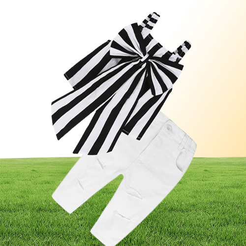 kids designer clothes Summer Baby Girls Outfits Girls Sets Plaid Clothing Shoulderstraps Bow Stripe Top Long Pants Child Out