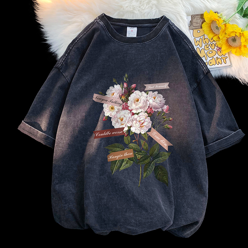 Mens TShirts Vintage Flowers Graphic Print Tshirt Gothic 100% Cotton Men Tshirts Washed Short Sleeved Man Tops Round Neck Male Tee Shirts 230705