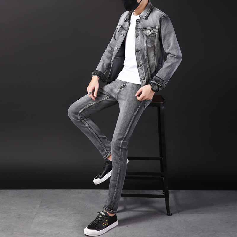 Business Casual 2pcs Men's Pant Sets Simple Design Long Sleeve Denim Jacket and Jeans Spring Autumn Slim-fit Stretch Male Clothing