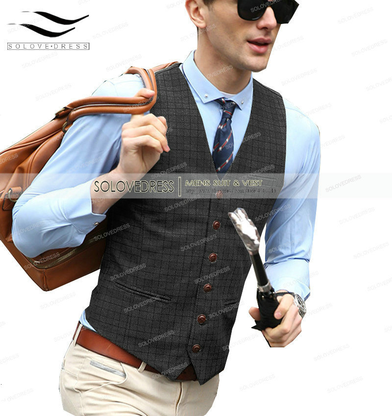 Men's Vests Brown Check Tweed Waistcoat Men'S Vest Casual Suit Vneck Collarless Wool Herringbone for Wedding Groomsmen 230705