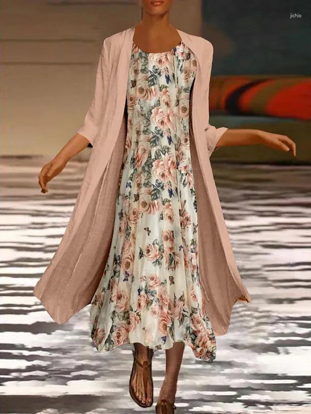 Casual Dresses Harajuku Vintage Robe Fashion Even Dress Half Sleeves Elegant Spring Chiffon Cardigan Shawl Two Piece Suit Women Printed