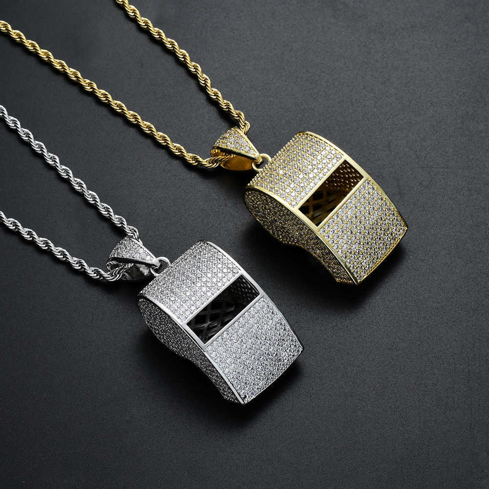 Gzw Jewelry Creative New Whistle Pendant Necklace Fashion Trend Hip Hop Iced Out Full Cubic Zirconia Cz Stone Real Gold Plated Rapper Bijoux Male Gift
