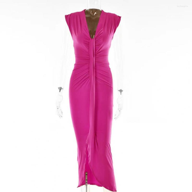 Casual Dresses Hem Gown Dress Streetwear V-neck Sleeveless Solid Color Hip Wrapped Evening ladies Pleated Asymmetrical