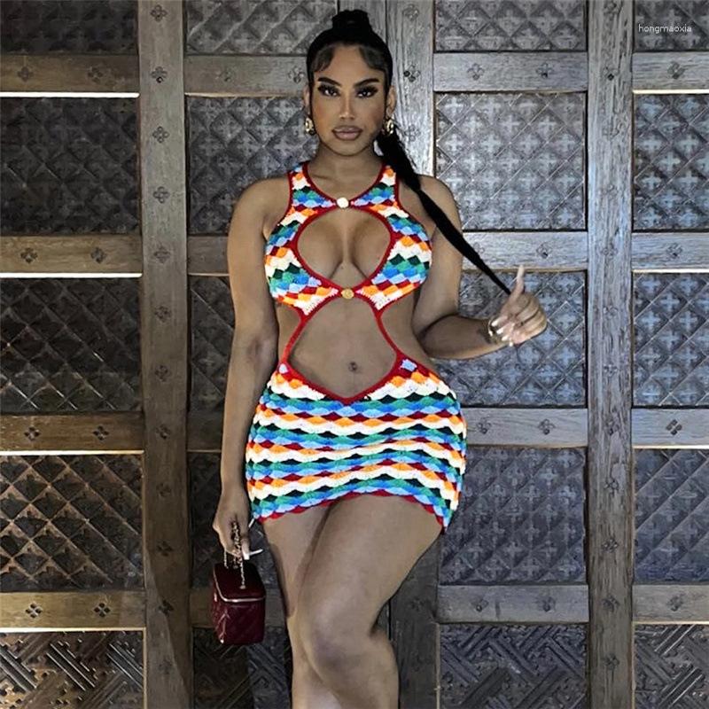 Casual Dresses Y2K Colorful Lozenge Dress Women Sexy Hollow Waistless Sleeveless Midnight Birthday Party Clubwear Peach Hip Bodycon