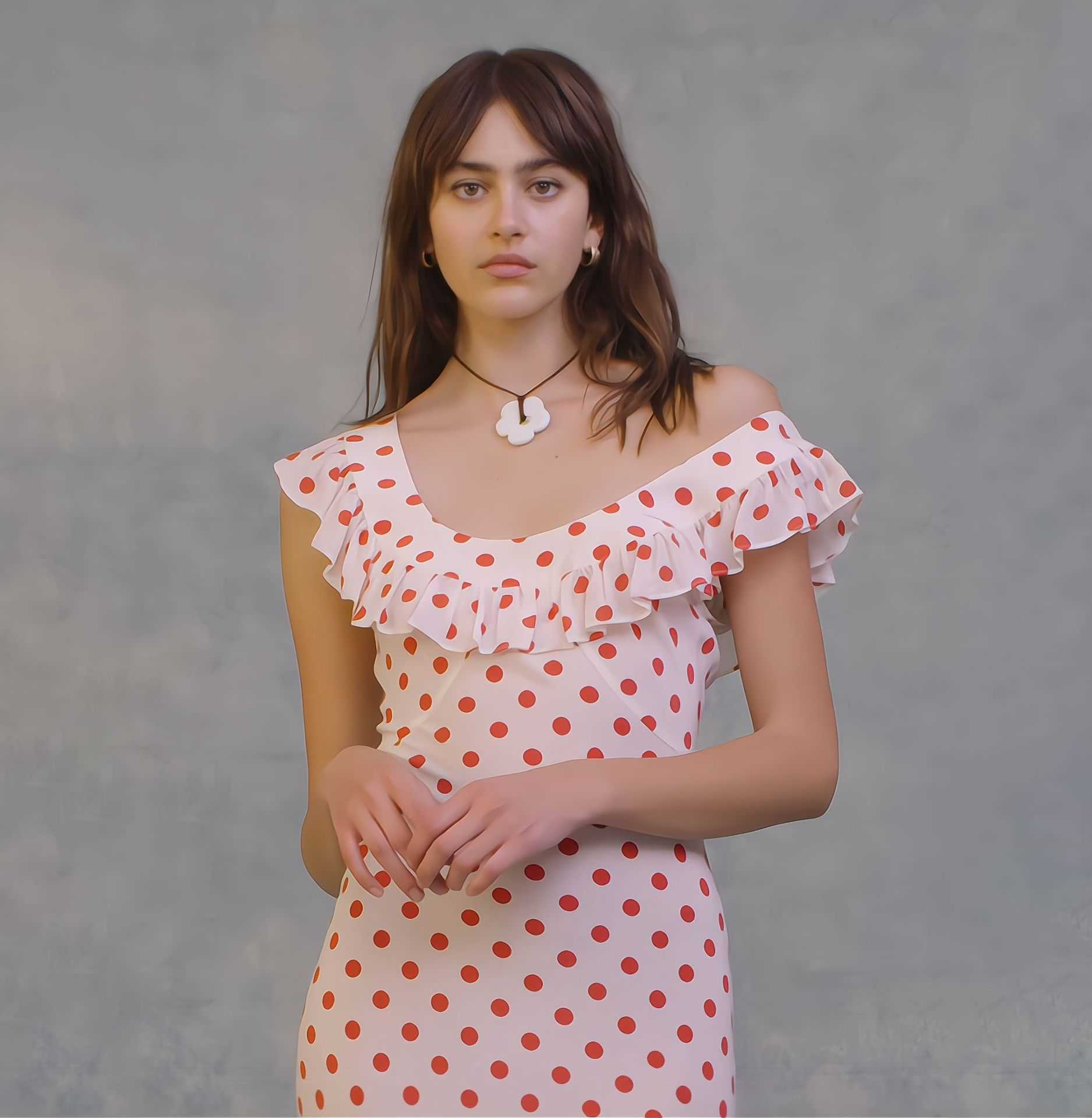 2023 Spring Summer New Women's Chiffon Ruffle Edge Long Dress Red Wave Dot Print Dress