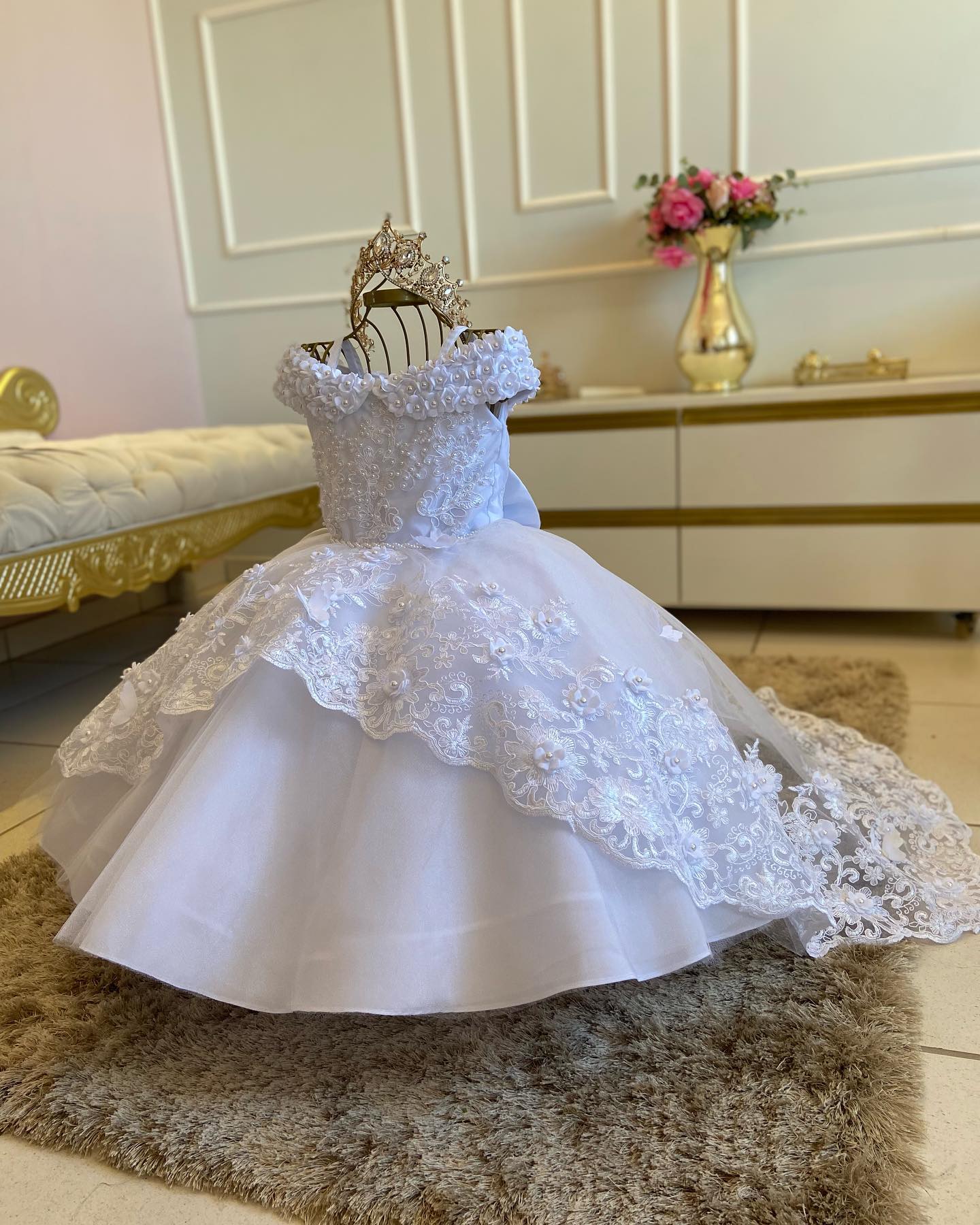 White Pearls Flower Girls Dress First Birthday Princess Beaded Floral Tulle Christmas New Ball Gown Photoshoot