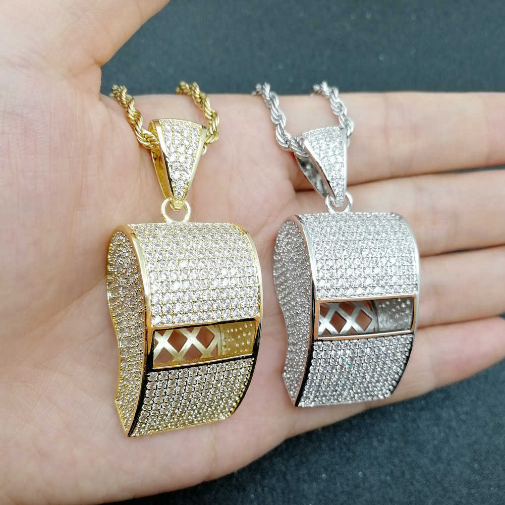 Gzw Jewelry Creative New Whistle Pendant Necklace Fashion Trend Hip Hop Iced Out Full Cubic Zirconia Cz Stone Real Gold Plated Rapper Bijoux Male Gift