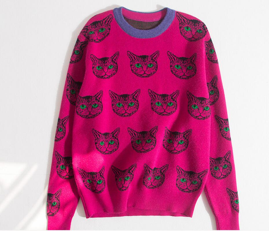 Women's Sweaters High Quality Runway Designer Cat Print Knitted Sweaters Pullovers Harajuku Sweet Jumper