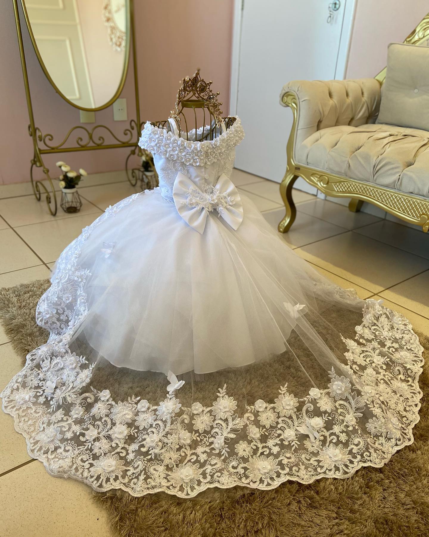 White Pearls Flower Girls Dress First Birthday Princess Beaded Floral Tulle Christmas New Ball Gown Photoshoot