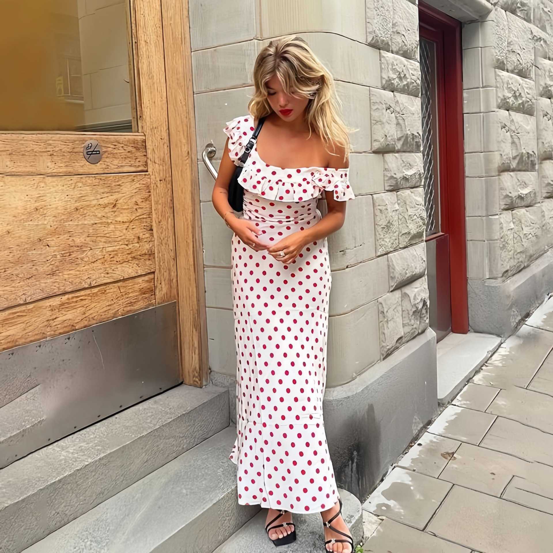 2023 Spring Summer New Women's Chiffon Ruffle Edge Long Dress Red Wave Dot Print Dress