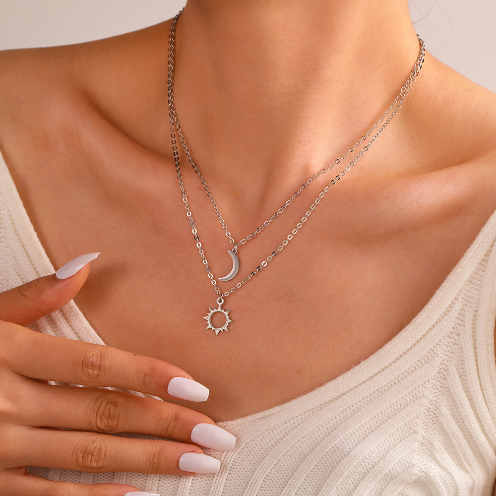 Antique Silver Moon and Sun Pendant Necklace for Women Gift