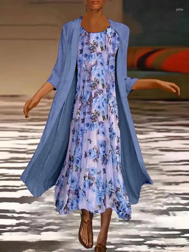 Casual Dresses Harajuku Vintage Robe Fashion Even Dress Half Sleeves Elegant Spring Chiffon Cardigan Shawl Two Piece Suit Women Printed