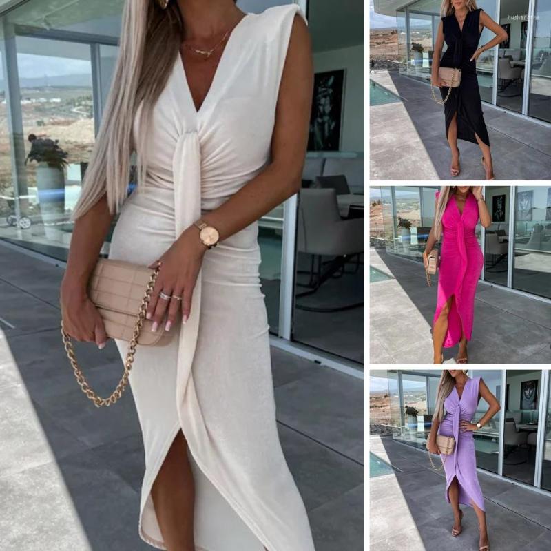 Casual Dresses Hem Gown Dress Streetwear V-neck Sleeveless Solid Color Hip Wrapped Evening ladies Pleated Asymmetrical