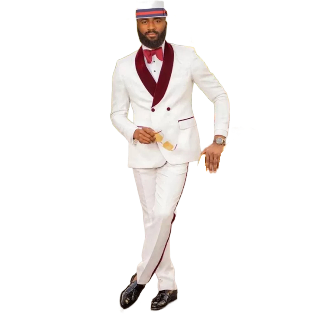 Arabic African Mens Suits Wedding Tuxedos Burgundy Velvet Lapel Two Pieces Slim Fit Modern White Groom Wear Bridegroom Groomsman Prom Party Blazer Pan
