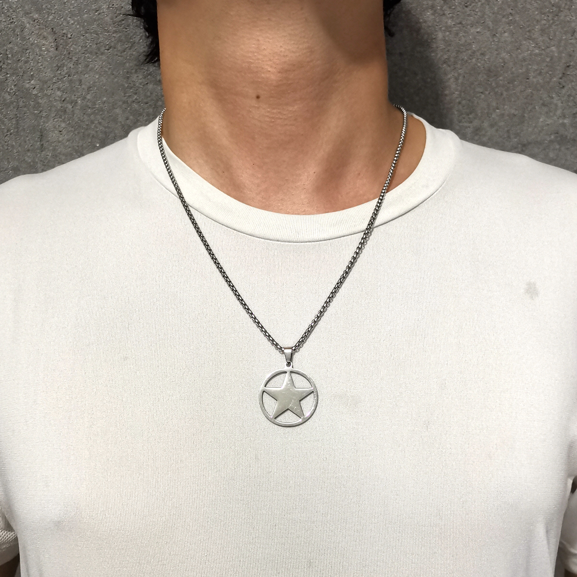 Mens Stainless Steel Pentagram Necklace Five-pointed Star Pendant Polished Silver 24inch for Friends Fashion Gifts