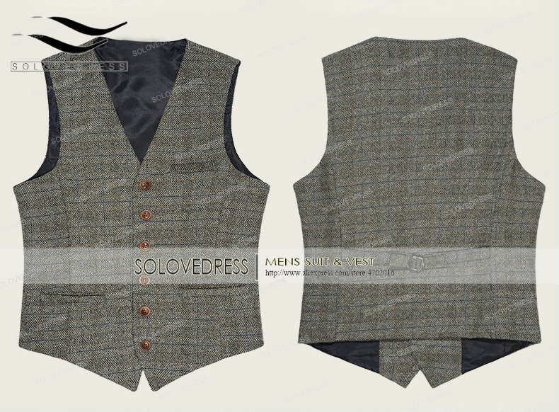 Men's Vests Brown Check Tweed Waistcoat Men'S Vest Casual Suit Vneck Collarless Wool Herringbone for Wedding Groomsmen 230705