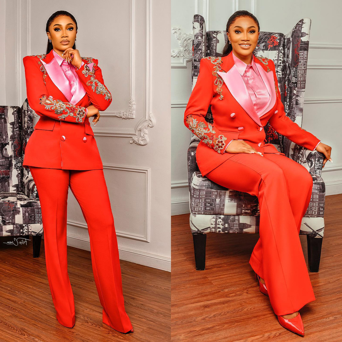 Women Wedding Tuxedos 2 Pieces Red Lace Beading Office Lady Blazer Suits Female High Waist Pants Custom Made