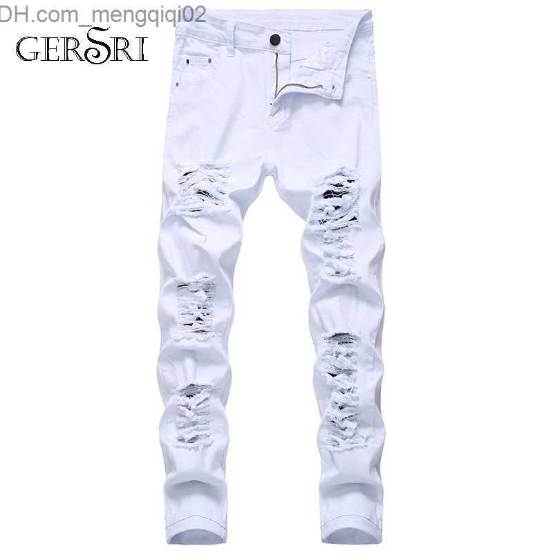 Men's Jeans Mens White Black Distressed Holes Skinny Jeans Full Length Denim Pants Street Style Trousers Wholesale Z230711
