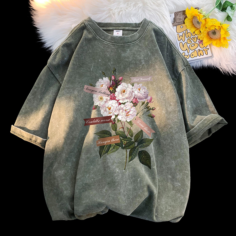 Mens TShirts Vintage Flowers Graphic Print Tshirt Gothic 100% Cotton Men Tshirts Washed Short Sleeved Man Tops Round Neck Male Tee Shirts 230705