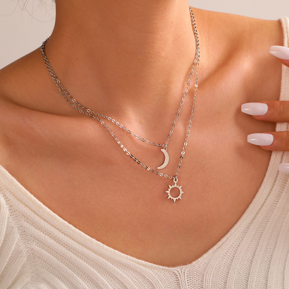 Antique Silver Moon and Sun Pendant Necklace for Women Gift