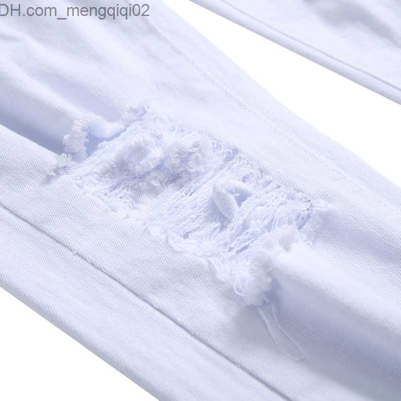 Men's Jeans Mens White Black Distressed Holes Skinny Jeans Full Length Denim Pants Street Style Trousers Wholesale Z230711