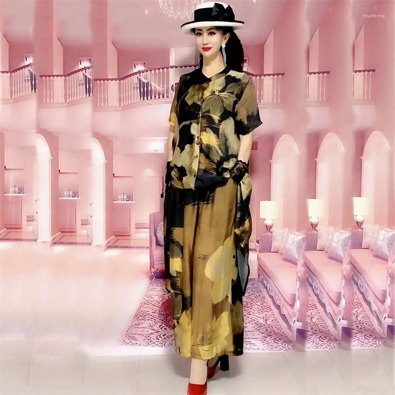 Women's Two Piece Pants 5XL Summer Sets Large Silk Wide Leg Trouser Set Spring 2023 Print Fashion Slim Female Elegant