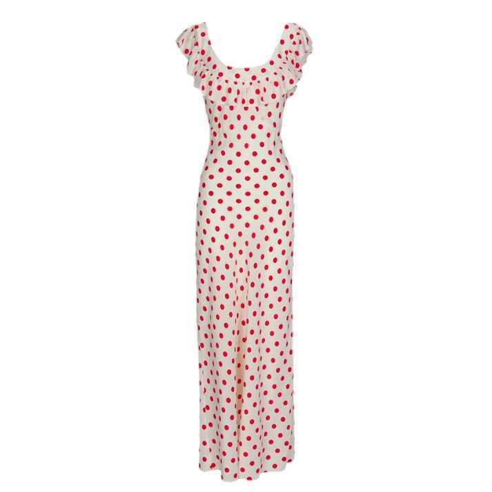 2023 Spring Summer New Women's Chiffon Ruffle Edge Long Dress Red Wave Dot Print Dress