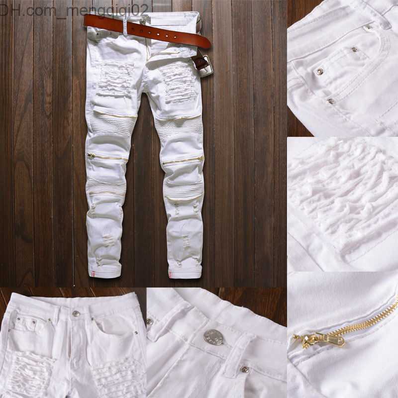 Men's Jeans Trendy Mens Destroyed Ripped Jeans Black White Red Fashion College Boys Skinny Runway Straight Zipper Denim Pants Jean Z230711