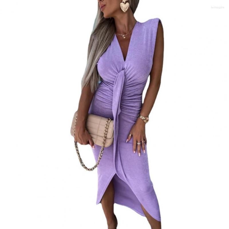 Casual Dresses Hem Gown Dress Streetwear V-neck Sleeveless Solid Color Hip Wrapped Evening ladies Pleated Asymmetrical