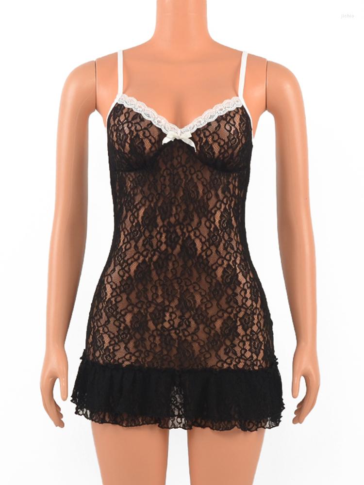 Casual Dresses Cute Deep V Neck Sheer Black Pleated Mini Dress Women Spaghetti Strap Backless Bodycon Lace Fashion Female Party Wear