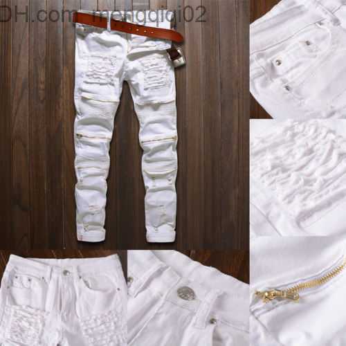 Men's Jeans Trendy Mens Destroyed Ripped Jeans Black White Red Fashion College Boys Skinny Runway Straight Zipper Denim Pants Jean Z230711