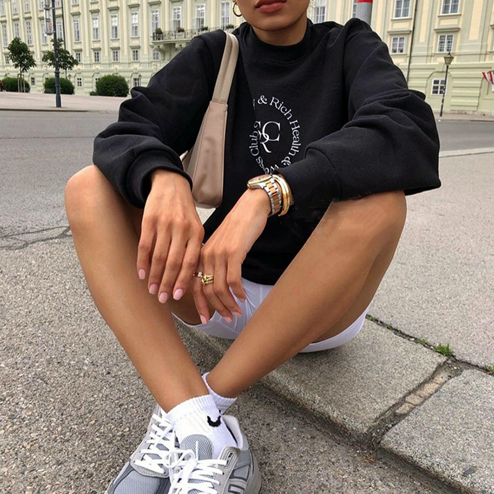 Womens Hoodies Sweatshirts Sport Make You Health and Rich Vintage Style Women Black Sweatshirts Crewneck Loose Cotton Thick Pullover Autumn Warm Jumpe