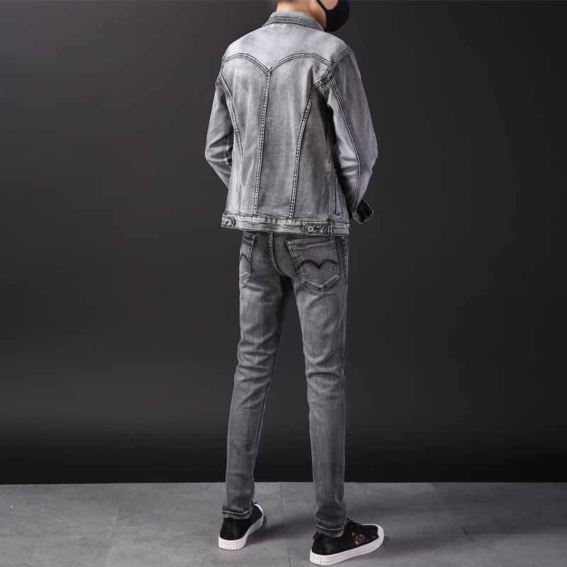 Business Casual 2pcs Men's Pant Sets Simple Design Long Sleeve Denim Jacket and Jeans Spring Autumn Slim-fit Stretch Male Clothing