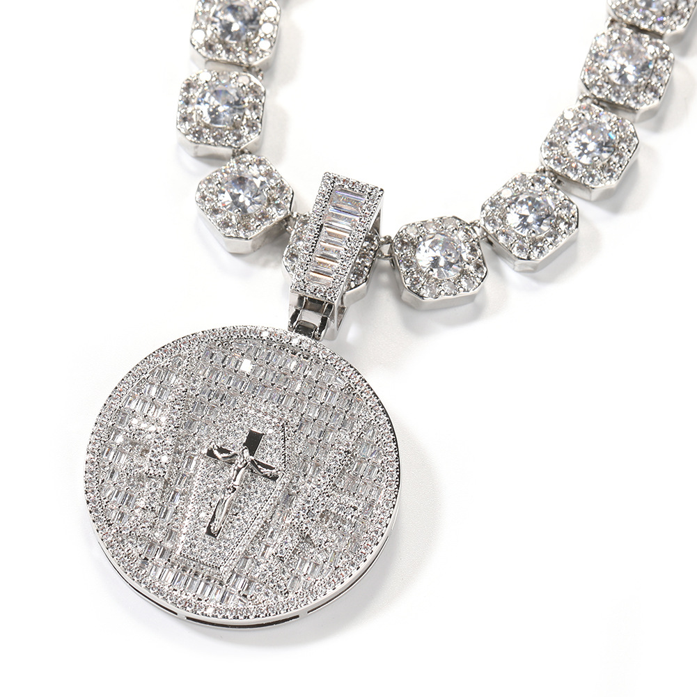 Hip Hop Jesus Cross Pattern Pendants Necklace TopBling White 5A Zircon Religious Jewelry