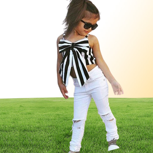 kids designer clothes Summer Baby Girls Outfits Girls Sets Plaid Clothing Shoulderstraps Bow Stripe Top Long Pants Child Out