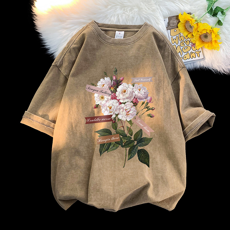 Mens TShirts Vintage Flowers Graphic Print Tshirt Gothic 100% Cotton Men Tshirts Washed Short Sleeved Man Tops Round Neck Male Tee Shirts 230705