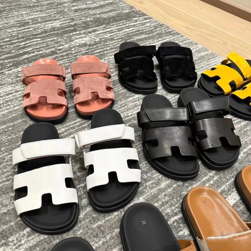 Women Chypre H Slippers Summer Genuine Leather Sandals Velcro Adjustable Size Ladies Suede Nap Slipper Shoes 15 Colors with Box