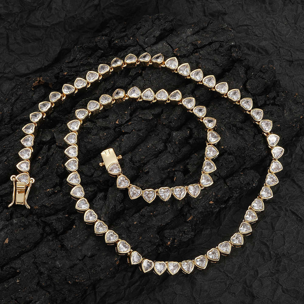 Hip Hop Heart Shaped Tennis Chain Necklace Couple Folding Fashion Copper Implaid Iced Out Cubic Zircon Chain Choker Cz Stone Necklaces For Men And Wom